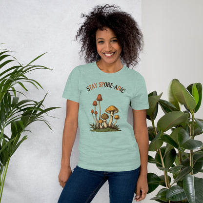Stay Spore-adic funny vintage mushroom tee — Heather Prism Dusty Blue, on model