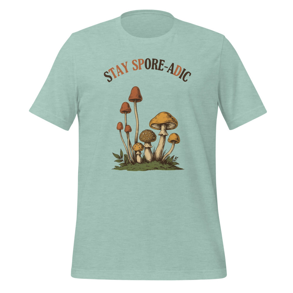 Stay Spore-adic funny vintage mushroom tee — Heather Prism Dusty Blue, front