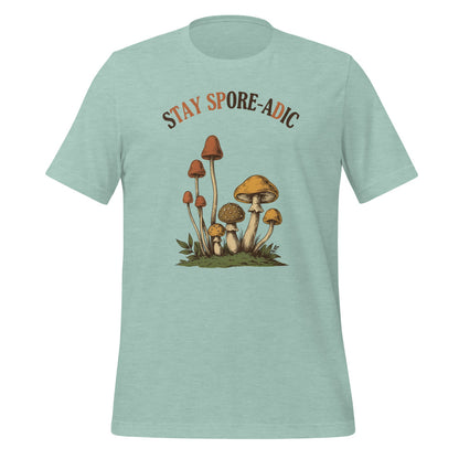 Stay Spore-adic funny vintage mushroom tee — Heather Prism Dusty Blue, front