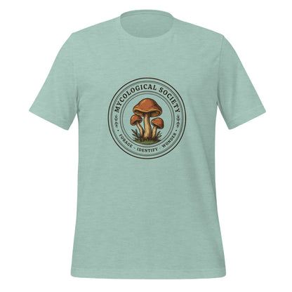 Mushroom Foraging Mycological Society vintage botanical tee — Heather Prism Dusty Blue, front