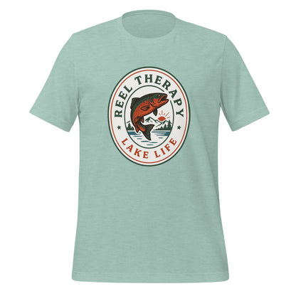 Reel Therapy retro national-park trout badge fishing tee — Heather Prism Dusty Blue, front