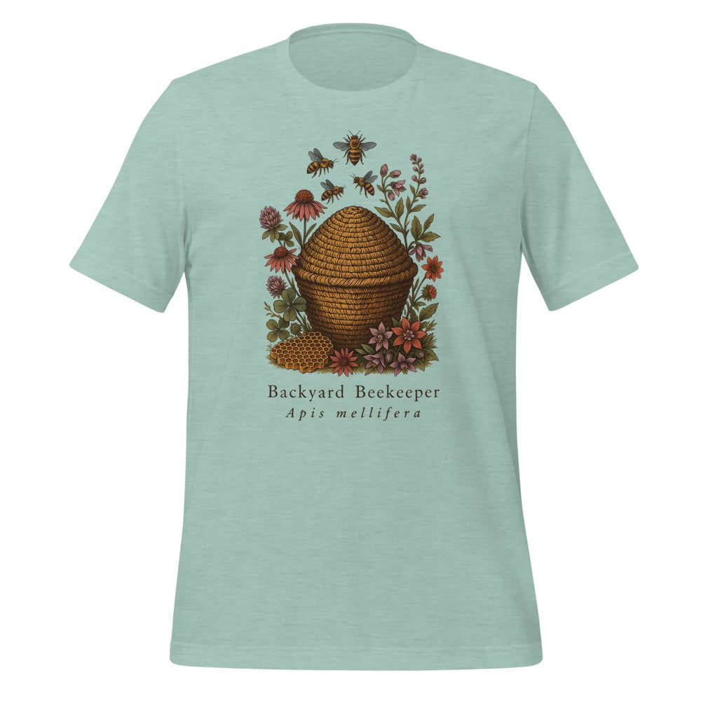 Backyard Beekeeper field-guide bee tee — Heather Prism Dusty Blue, front