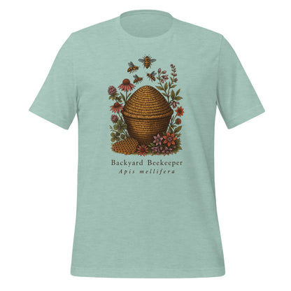 Backyard Beekeeper field-guide bee tee — Heather Prism Dusty Blue, front