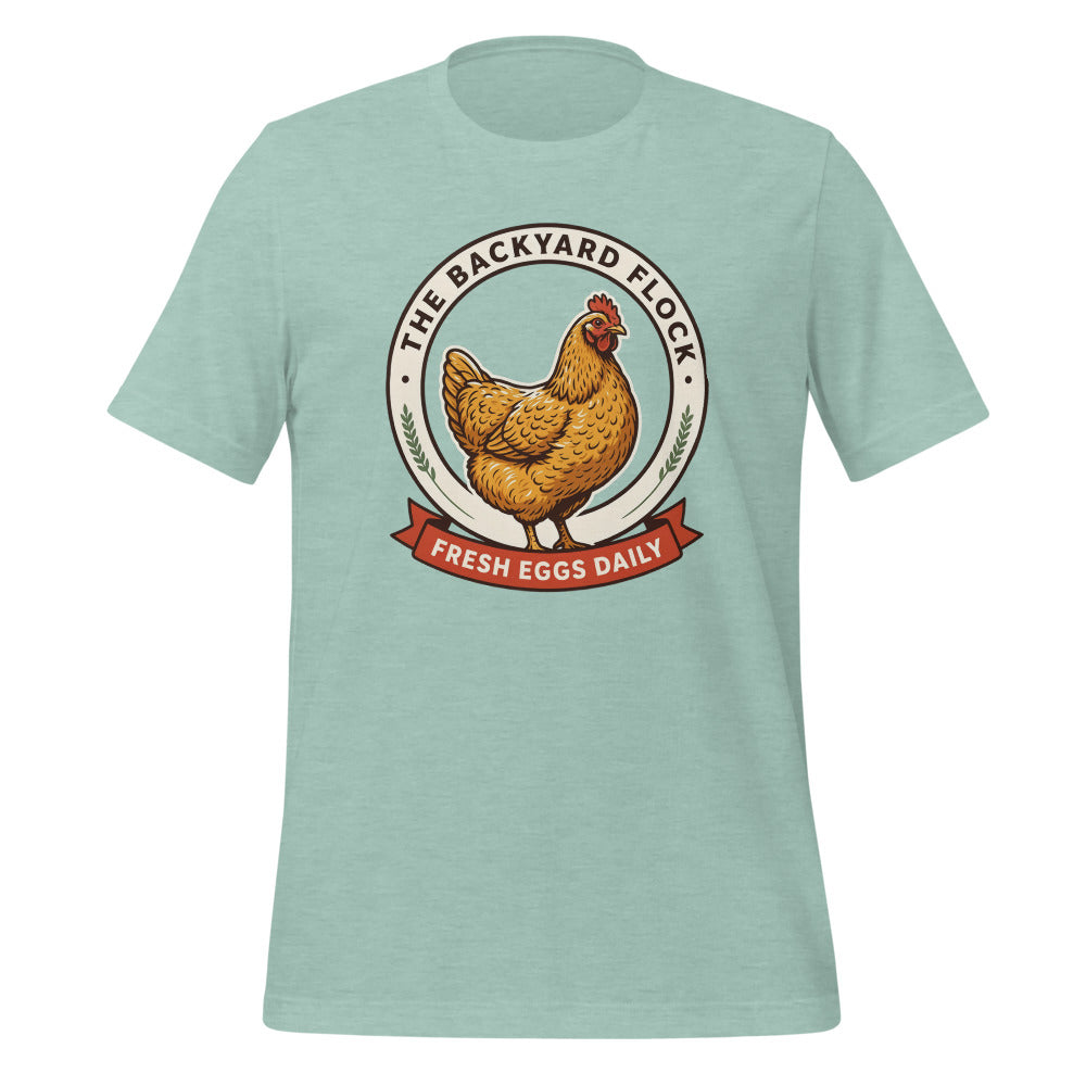 Backyard Flock heritage chicken keeper tee — Heather Prism Dusty Blue, front