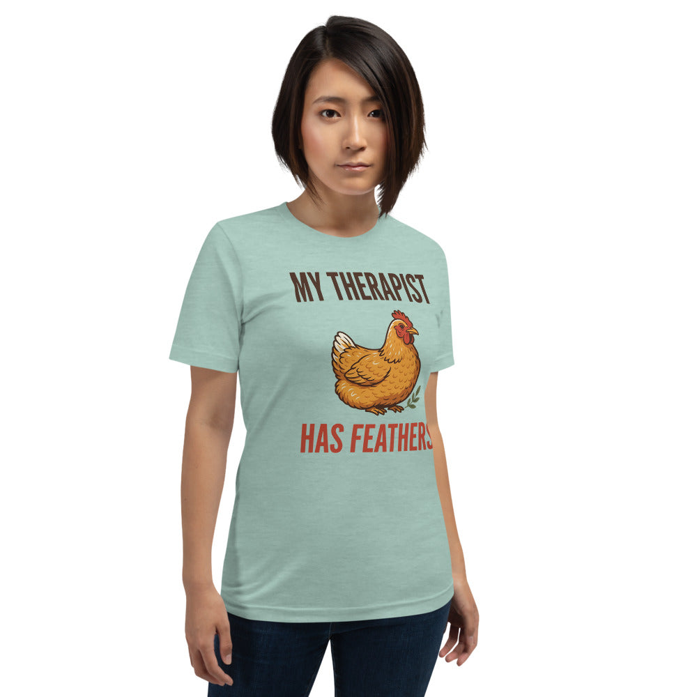 My Therapist Has Feathers funny chicken keeper tee — Heather Prism Dusty Blue, on model