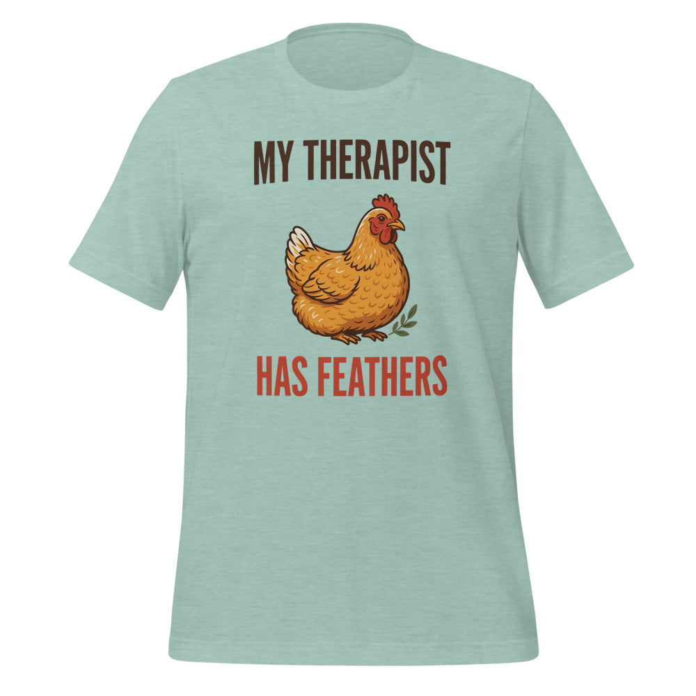 My Therapist Has Feathers funny chicken keeper tee — Heather Prism Dusty Blue, front