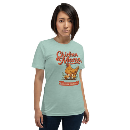 Chicken Mama raising my flock chicken keeper tee — Heather Prism Dusty Blue, on model