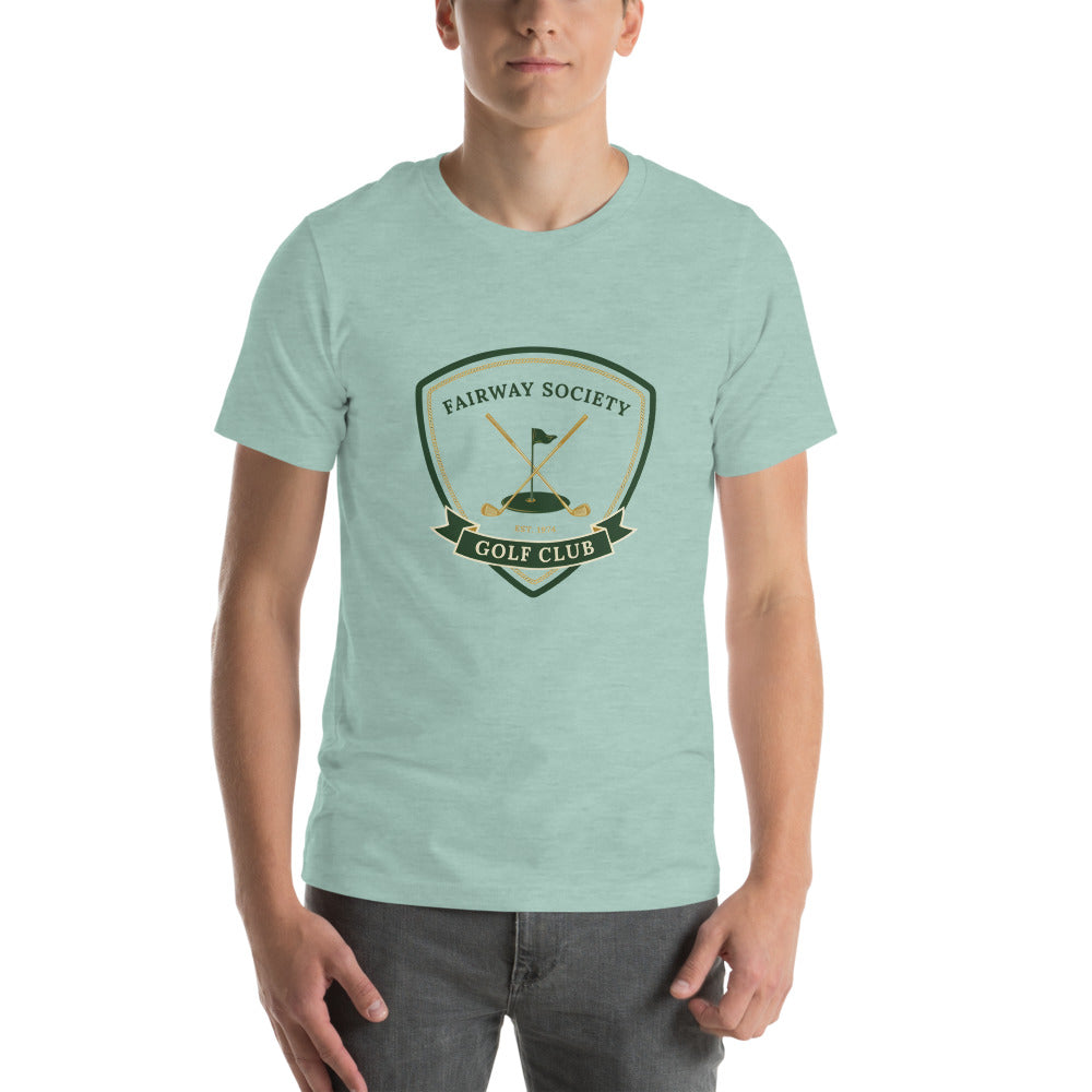 Fairway Society vintage golf club crest tee — Heather Prism Dusty Blue, on model
