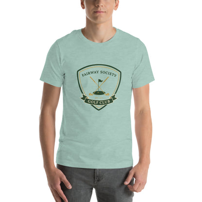 Fairway Society vintage golf club crest tee — Heather Prism Dusty Blue, on model