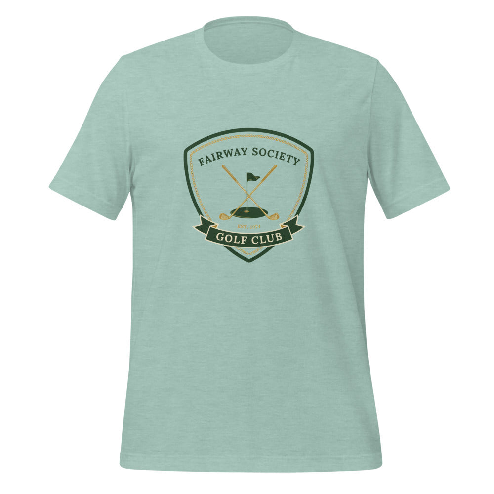 Fairway Society vintage golf club crest tee — Heather Prism Dusty Blue, front