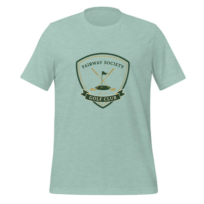 Fairway Society vintage golf club crest tee — Heather Prism Dusty Blue, front