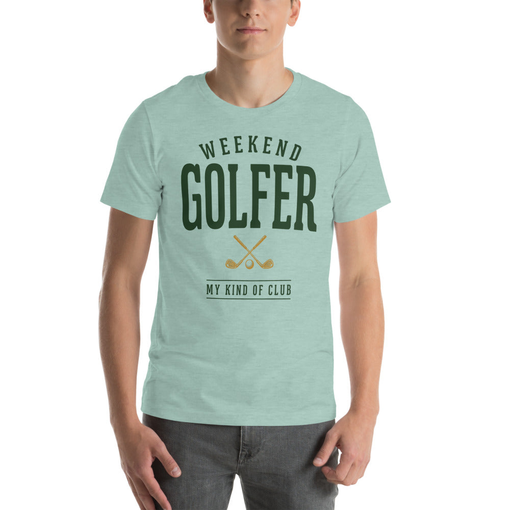 Weekend Golfer vintage golf wordmark tee — Heather Prism Dusty Blue, on model