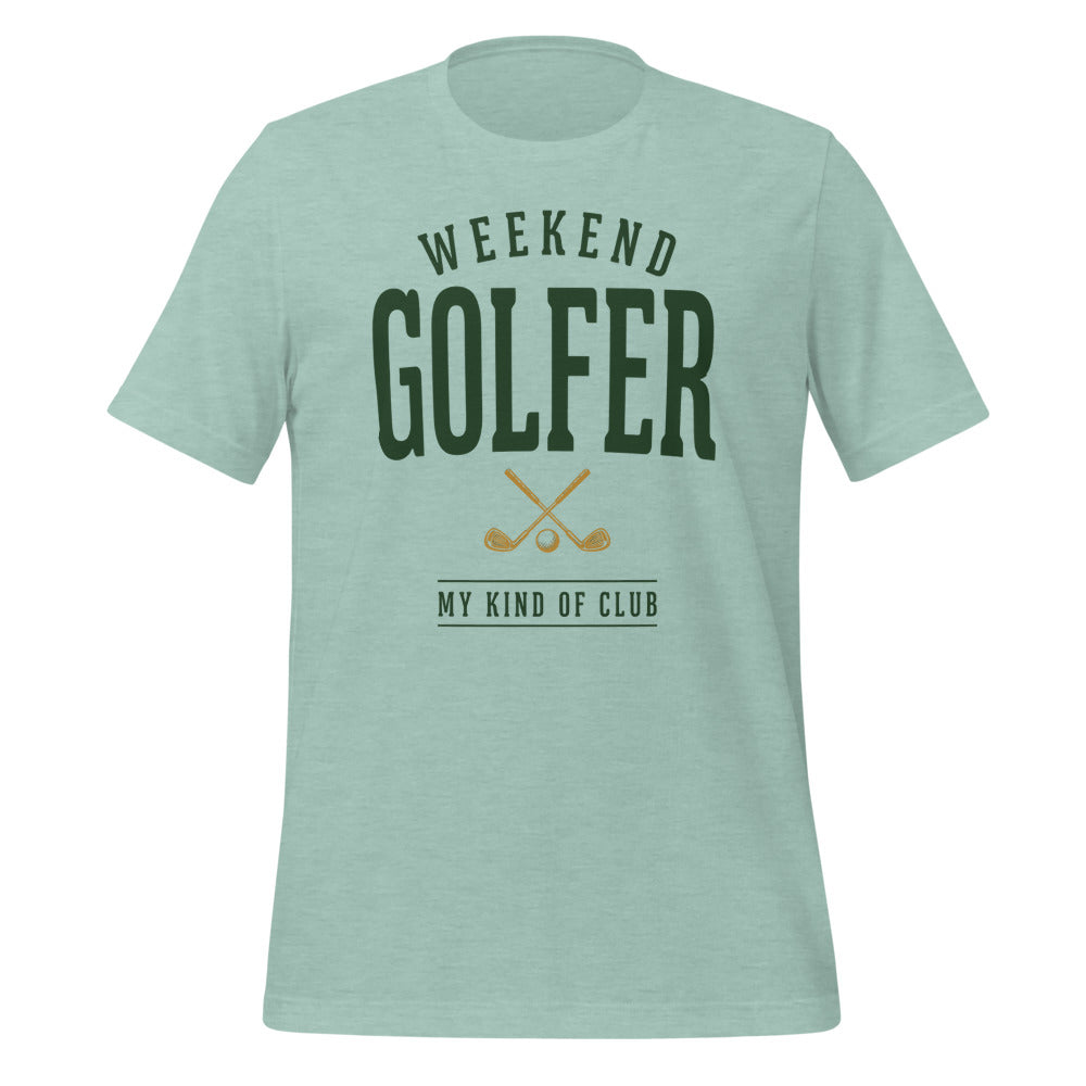 Weekend Golfer vintage golf wordmark tee — Heather Prism Dusty Blue, front