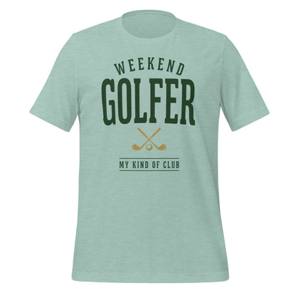 Weekend Golfer vintage golf wordmark tee — Heather Prism Dusty Blue, front