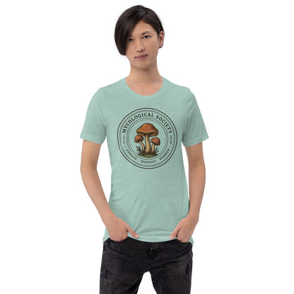 Mushroom Foraging Mycological Society vintage botanical tee — Heather Prism Dusty Blue, on model