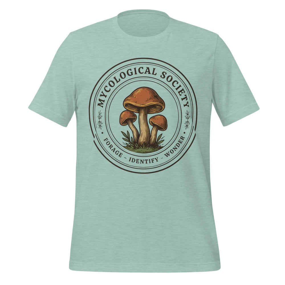 Mushroom Foraging Mycological Society vintage botanical tee — Heather Prism Dusty Blue, front