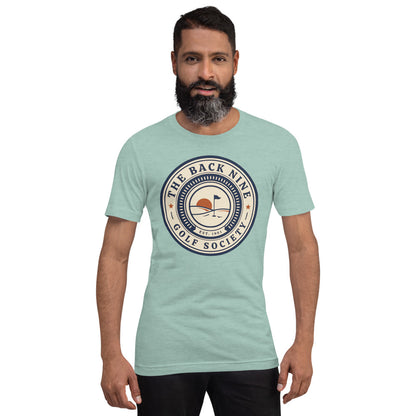 The Back Nine vintage golf roundel tee — Heather Prism Dusty Blue, on model
