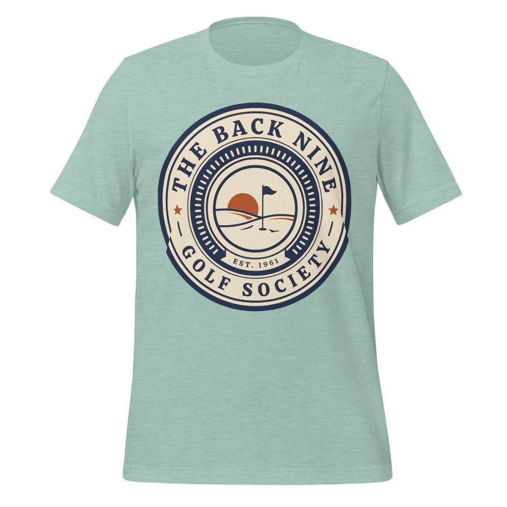 The Back Nine vintage golf roundel tee — Heather Prism Dusty Blue, front