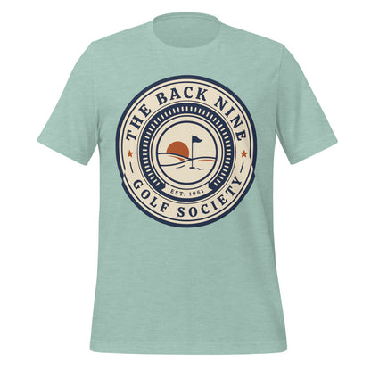 The Back Nine vintage golf roundel tee — Heather Prism Dusty Blue, front