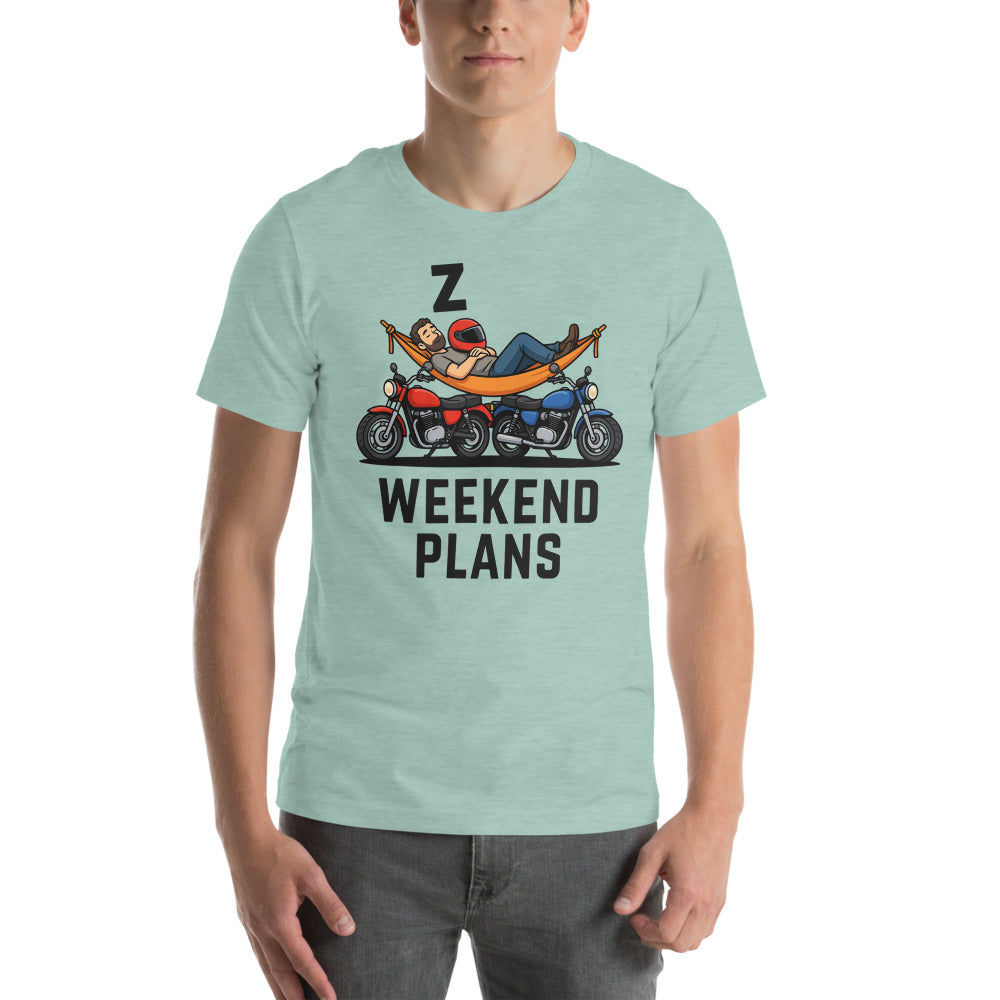 Weekend Plans funny motorcycle dad tee — Heather Prism Dusty Blue, on model
