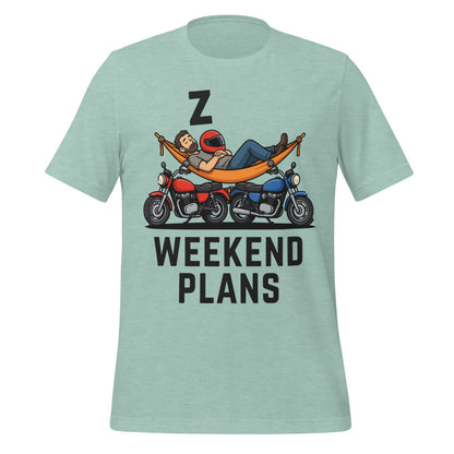 Weekend Plans funny motorcycle dad tee — Heather Prism Dusty Blue, front