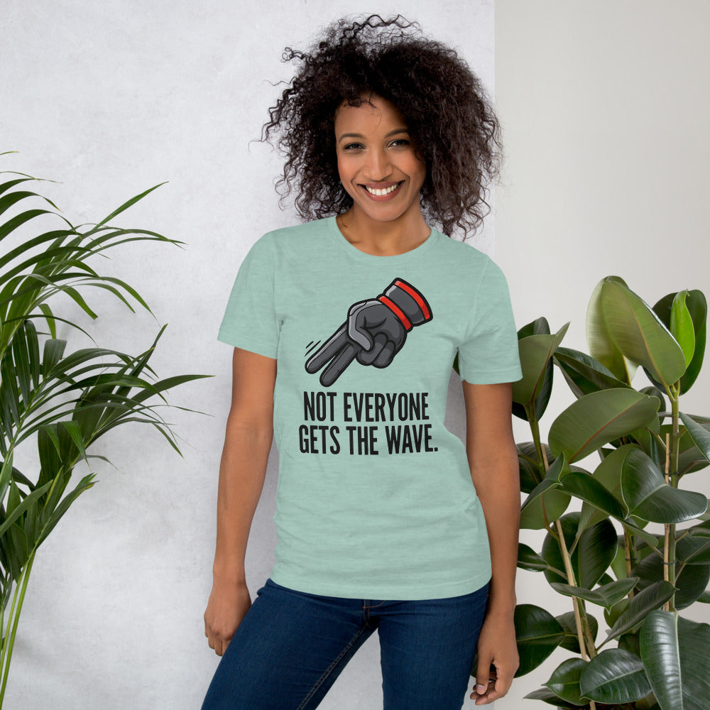 Not Everyone Gets The Wave biker wave motorcycle tee — Heather Prism Dusty Blue, on model