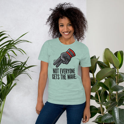 Not Everyone Gets The Wave biker wave motorcycle tee — Heather Prism Dusty Blue, on model