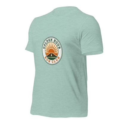 Golden Hour Run Club retro running tee — Heather Prism Dusty Blue, front-right