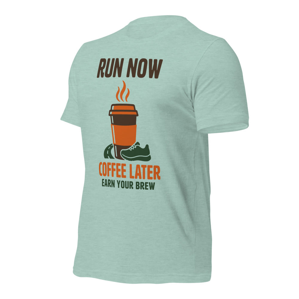 Run Now Coffee Later funny running tee — Heather Prism Dusty Blue, front-right