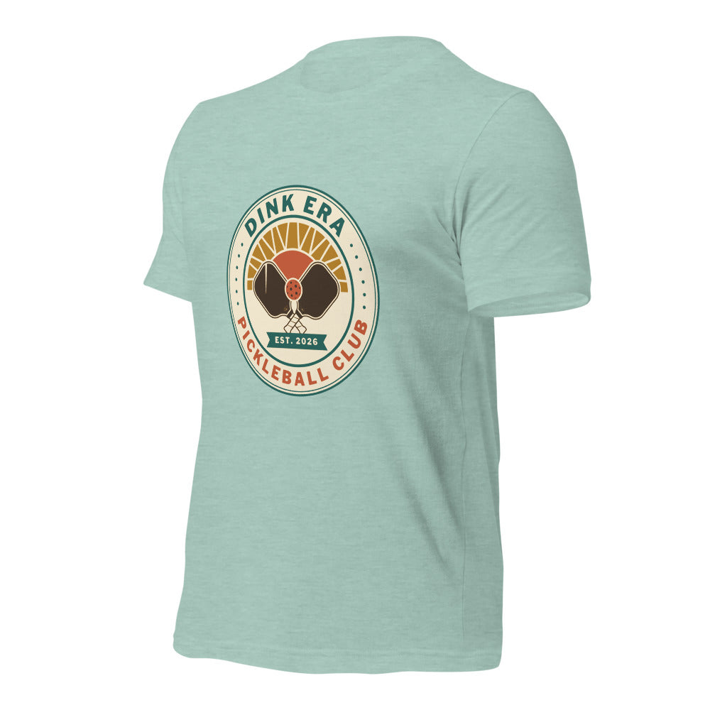 Dink Era Pickleball Club retro tee — Heather Prism Dusty Blue, front-right