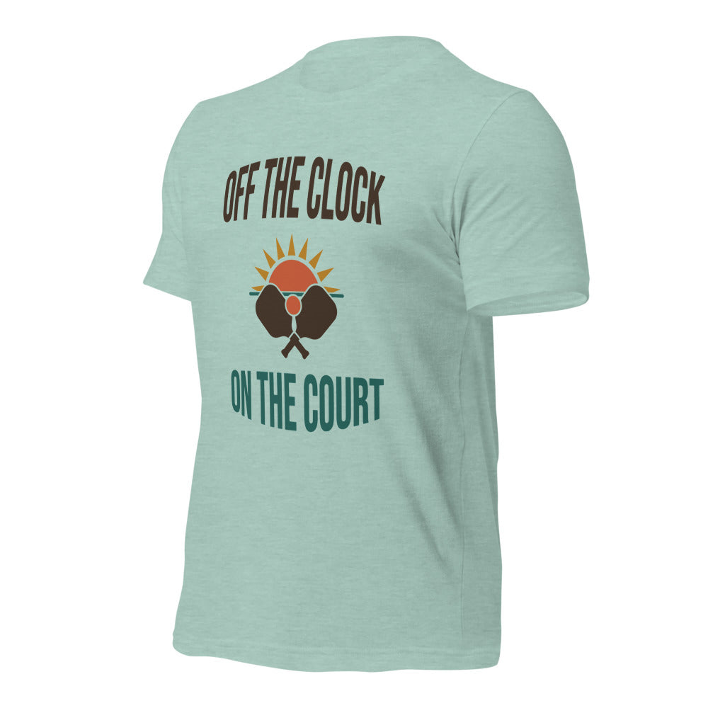 Off The Clock On The Court retro pickleball tee — HP Dusty Blue, side