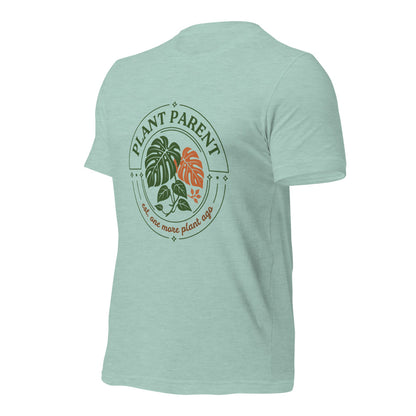 Plant Parent retro botanical badge tee — Heather Prism Dusty Blue, front right