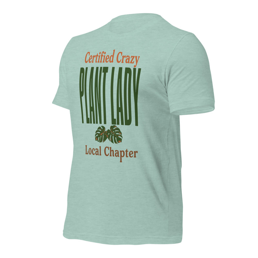 Certified Crazy Plant Lady retro botanical tee — Heather Prism Dusty Blue, front right