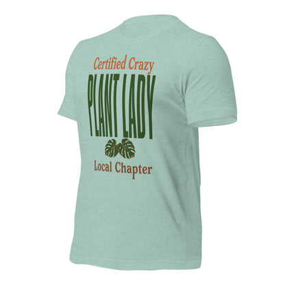 Certified Crazy Plant Lady retro botanical tee — Heather Prism Dusty Blue, front right