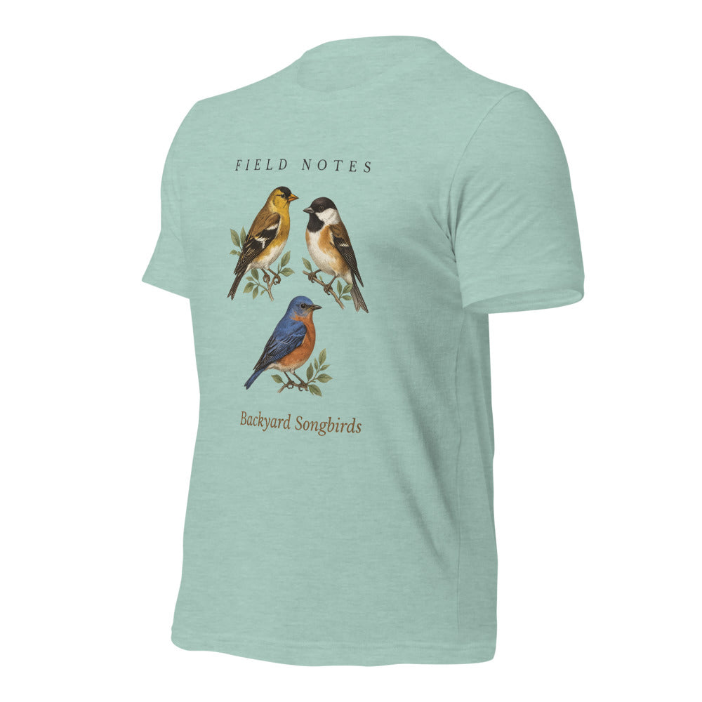 Backyard Songbirds vintage field-guide tee — Heather Prism Dusty Blue, front-right