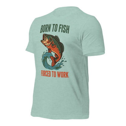 Born to Fish Forced to Work retro fishing humor tee — Heather Prism Dusty Blue, front-right