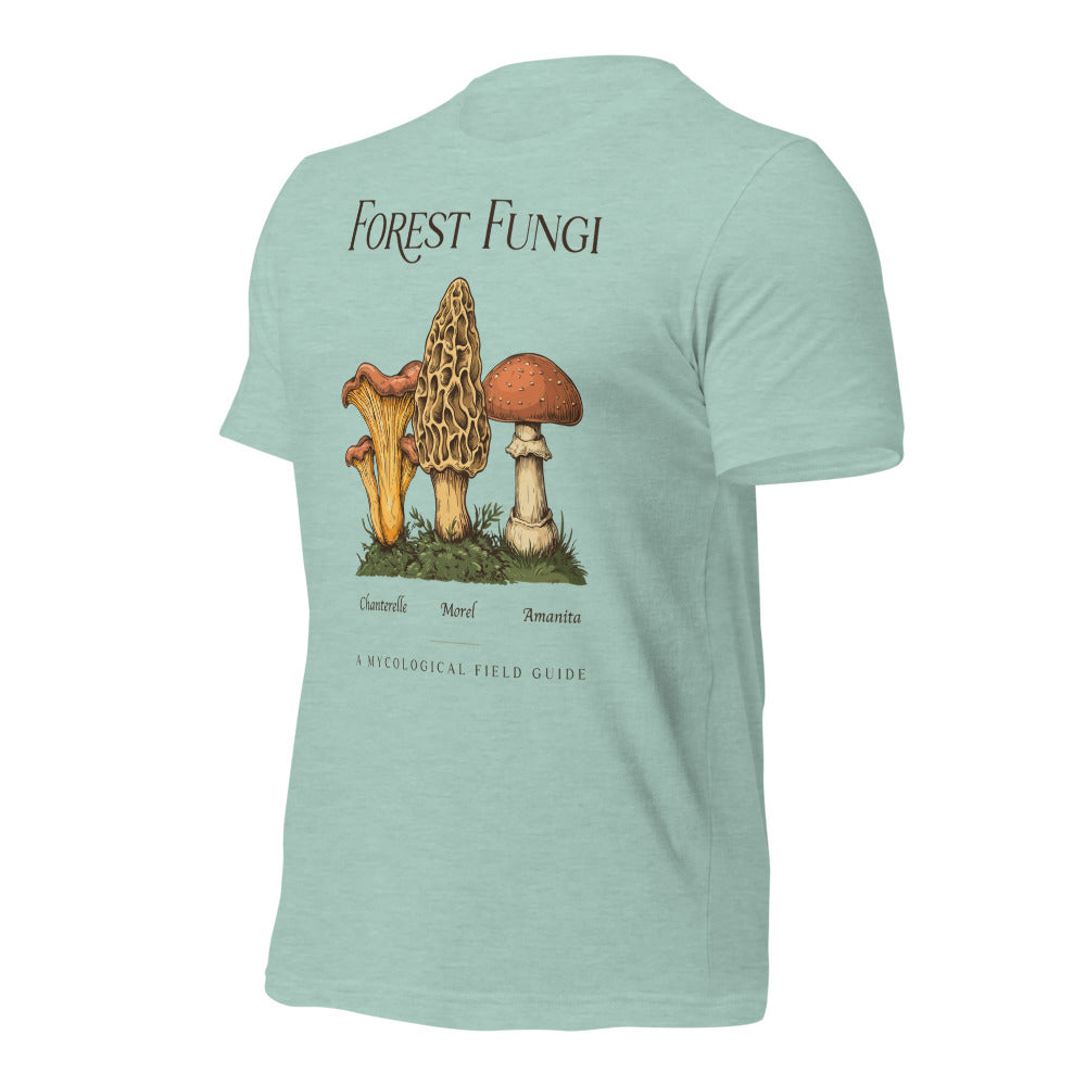 Forest Fungi vintage mushroom field guide tee — Heather Prism Dusty Blue, front-right