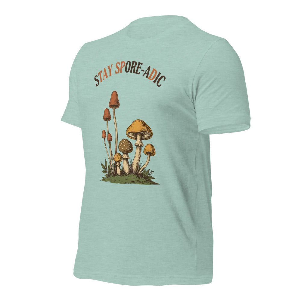Stay Spore-adic funny vintage mushroom tee — Heather Prism Dusty Blue, front-right