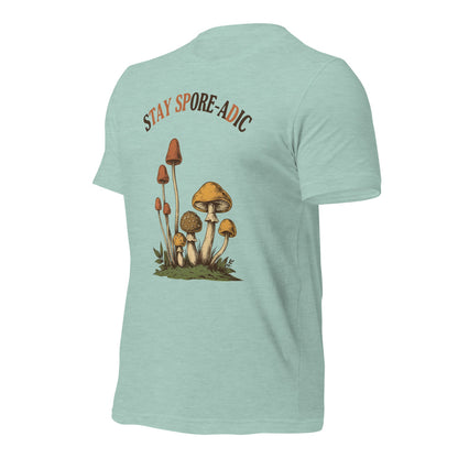 Stay Spore-adic funny vintage mushroom tee — Heather Prism Dusty Blue, front-right