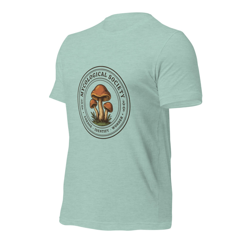 Mushroom Foraging Mycological Society vintage botanical tee — Heather Prism Dusty Blue, front-right