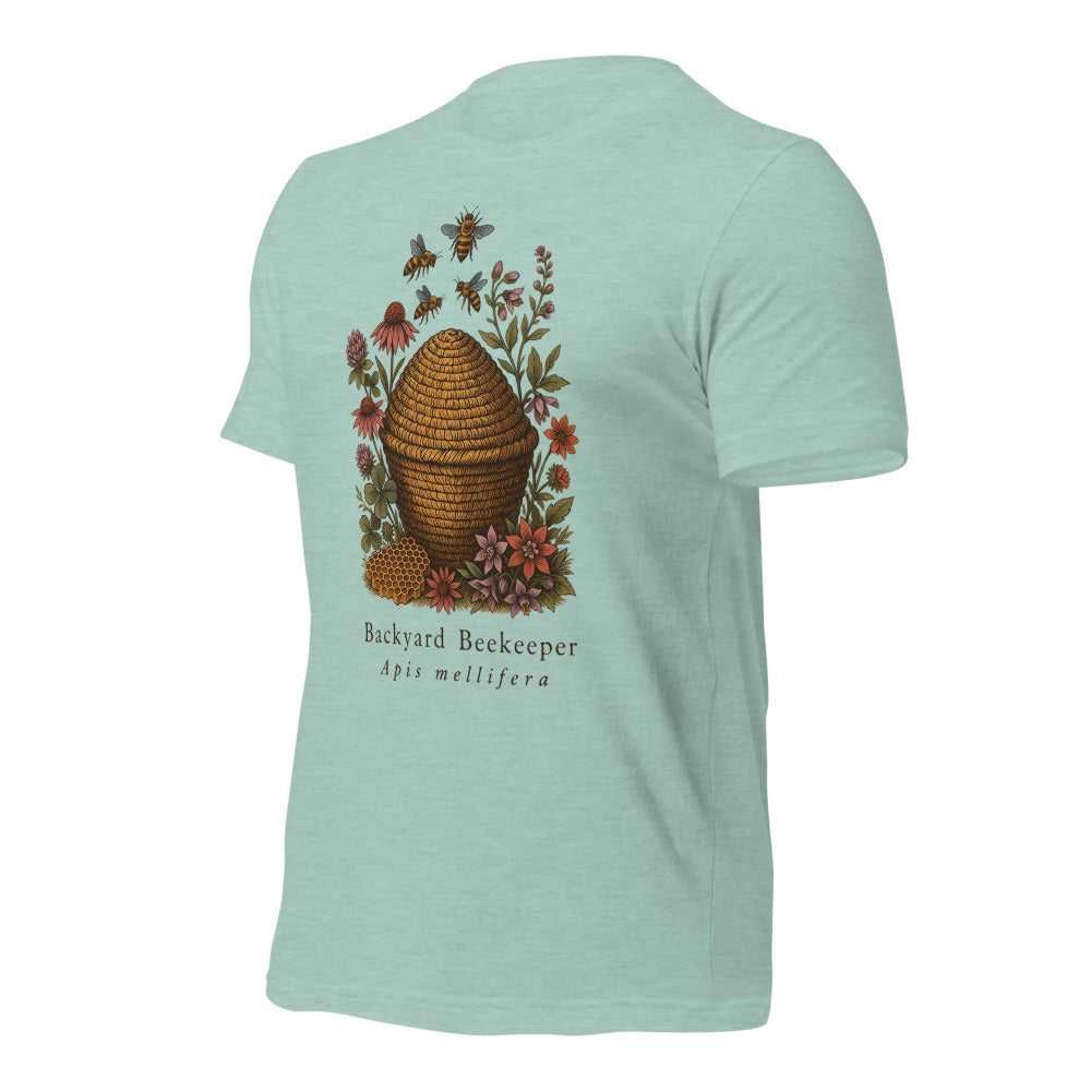 Backyard Beekeeper field-guide bee tee — Heather Prism Dusty Blue, front-right