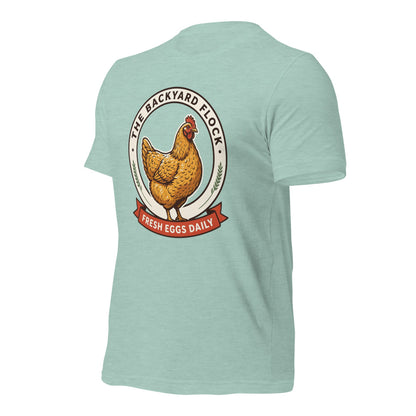 Backyard Flock heritage chicken keeper tee — Heather Prism Dusty Blue, front-right