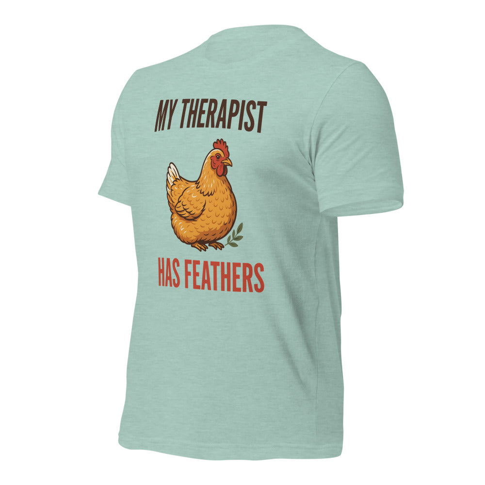 My Therapist Has Feathers funny chicken keeper tee — Heather Prism Dusty Blue, front-right