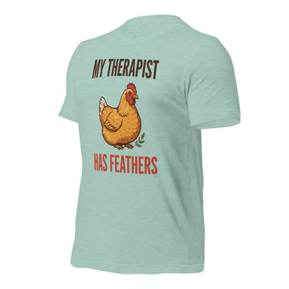 My Therapist Has Feathers funny chicken keeper tee — Heather Prism Dusty Blue, front-right