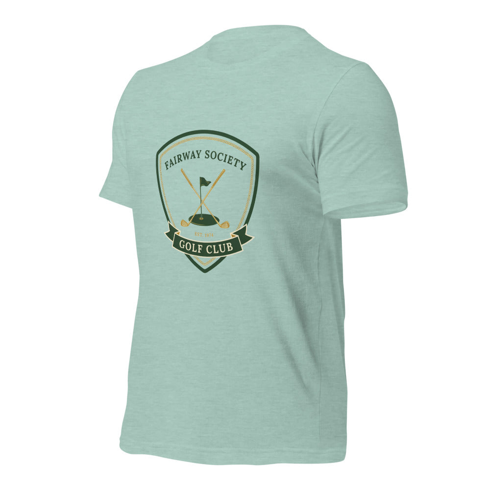 Fairway Society vintage golf club crest tee — Heather Prism Dusty Blue, front-right