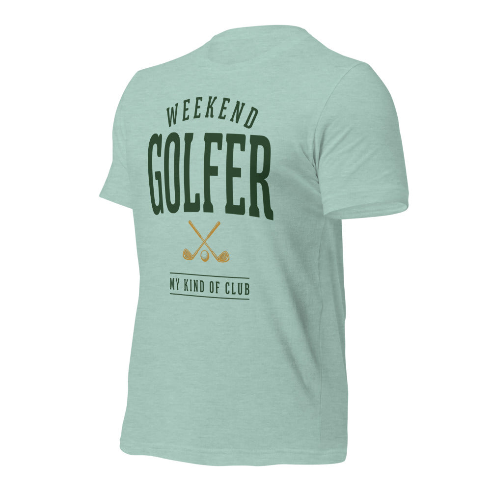 Weekend Golfer vintage golf wordmark tee — Heather Prism Dusty Blue, front-right