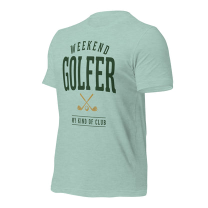 Weekend Golfer vintage golf wordmark tee — Heather Prism Dusty Blue, front-right