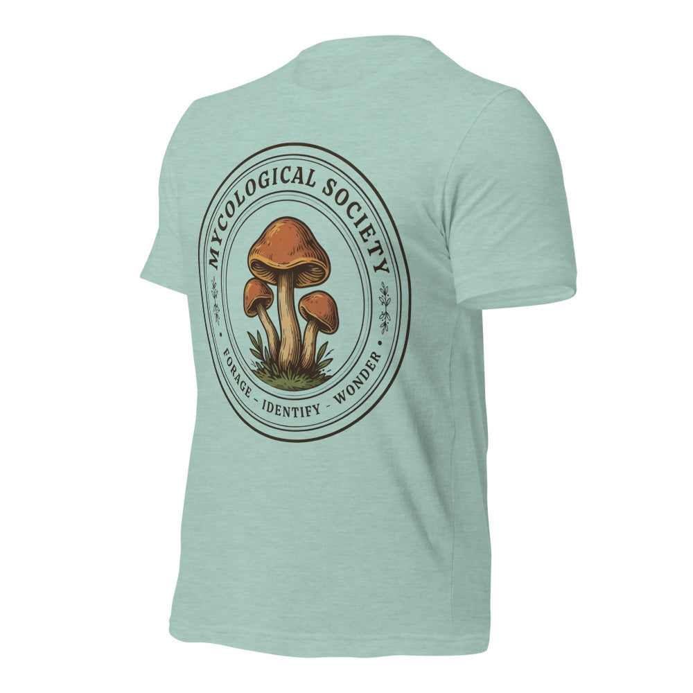 Mushroom Foraging Mycological Society vintage botanical tee — Heather Prism Dusty Blue, front-right