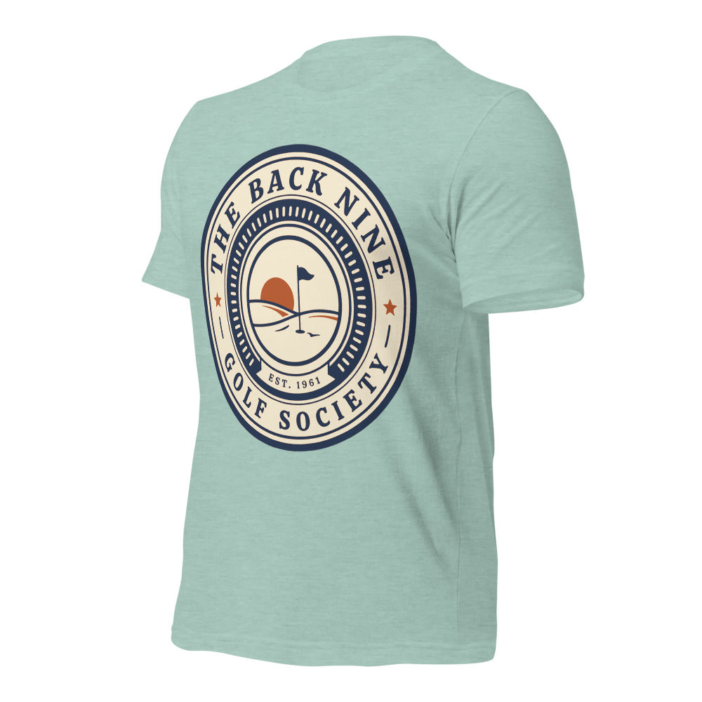 The Back Nine vintage golf roundel tee — Heather Prism Dusty Blue, front-right