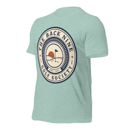 The Back Nine vintage golf roundel tee — Heather Prism Dusty Blue, front-right